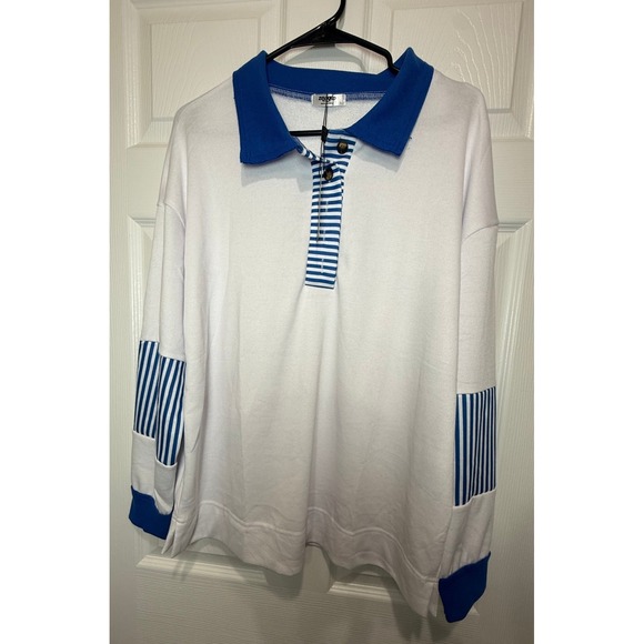 zeagoo Tops - Zeagoo Womens White Blue Striped Long Sleeve Polo Sweatshirt Pullover Top NEW